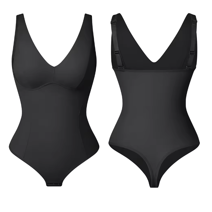 body gainant string noir shapewear femme face et dos elegance naturelle maintien et silhouette affinee maison kali