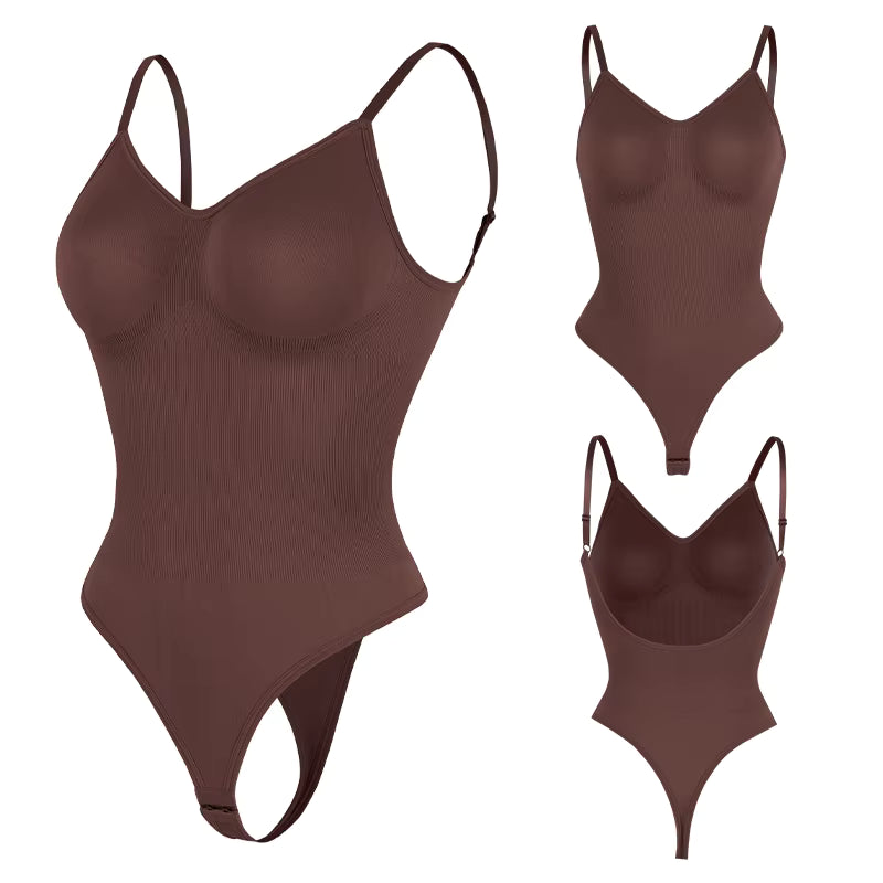 body gainant shapewear string marron effet seconde peau maintien naturel taille sculptee et decollete u dans le dos maison kali