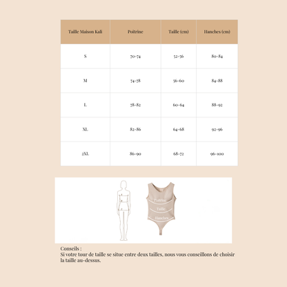 guide des tailles body gainant string marcel shapewear marron, beige et noir sculpte le ventre et la taille effet seconde peau maison kali