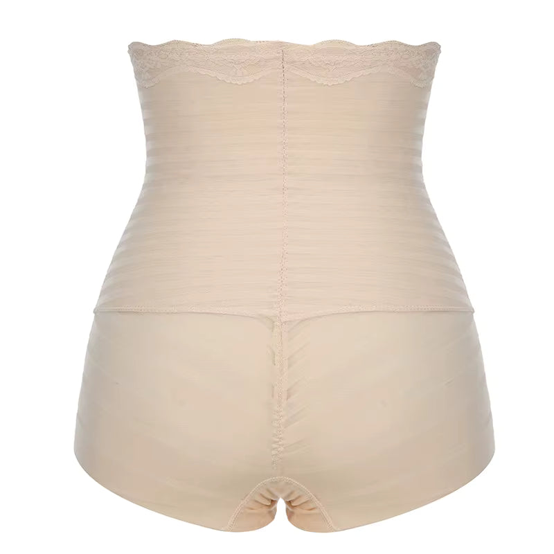 culotte gainante taille haute en dentelle beige shapewear femme vue dos effet ventre plat maintien naturel et galbe harmonieux des fessiers elegant maison kali