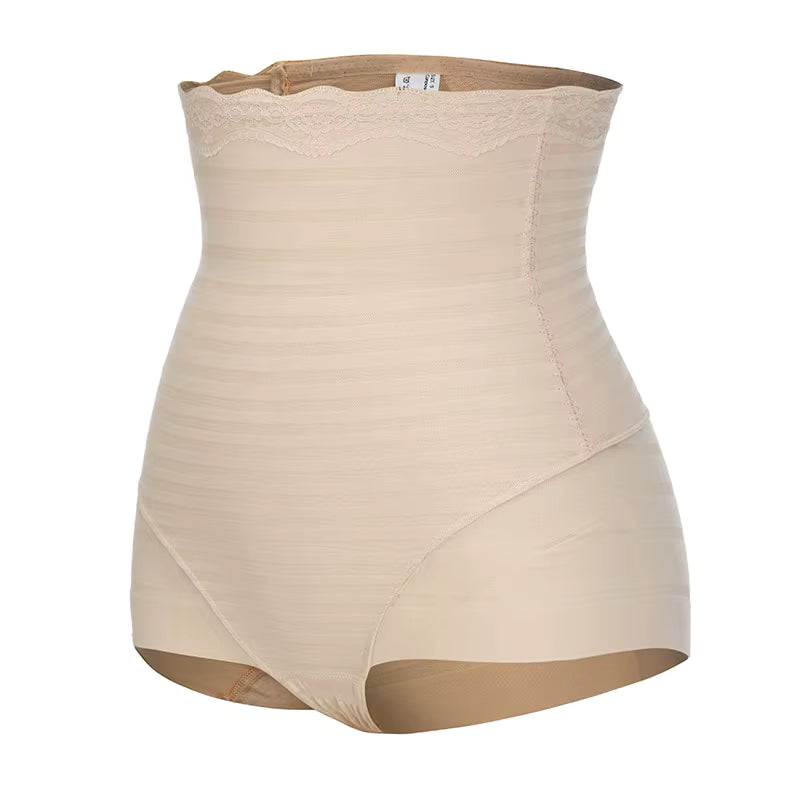 culotte gainante taille haute en dentelle beige shapewear femme quart face effet ventre plat maintien naturel confort et galbe des fessiers elegant maison kali