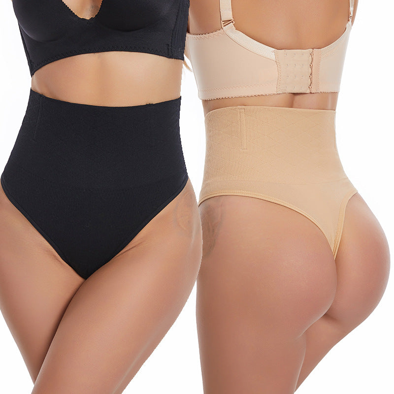 string gainant taille mi haute effet seconde peau noir et beige shapewear femme portee vue face et dos maintien naturel sculpte la taille affine le ventre et invisible sous les vetements elegant maison kali